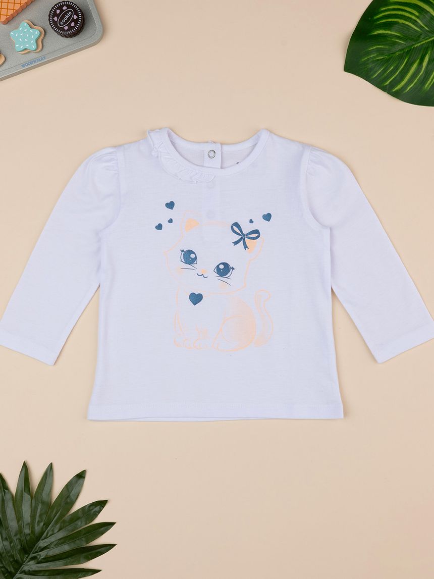 βρεφική μπλούζα λευκή με γατάκι για κορίτσι - Prénatal