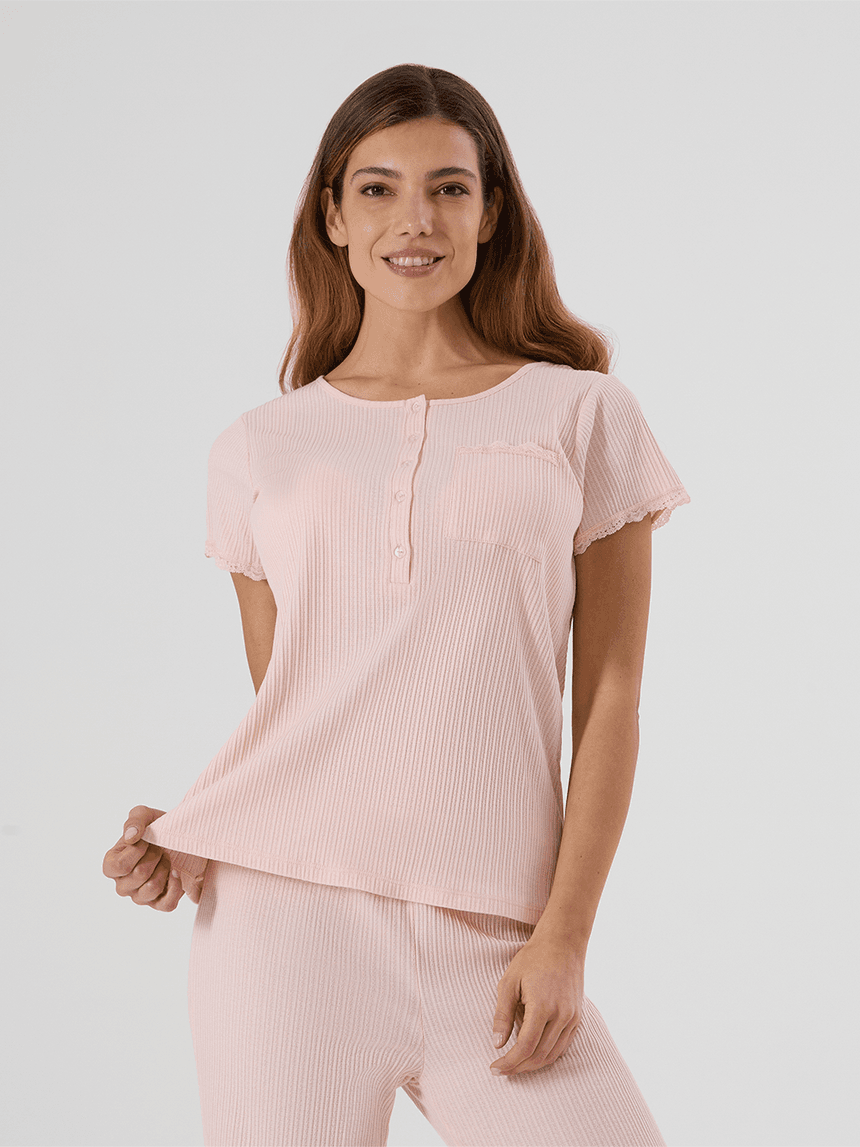 γυναικεία πιτζάμα εγκυμοσύνης/θηλασμού ροζ ριμπ - Prénatal