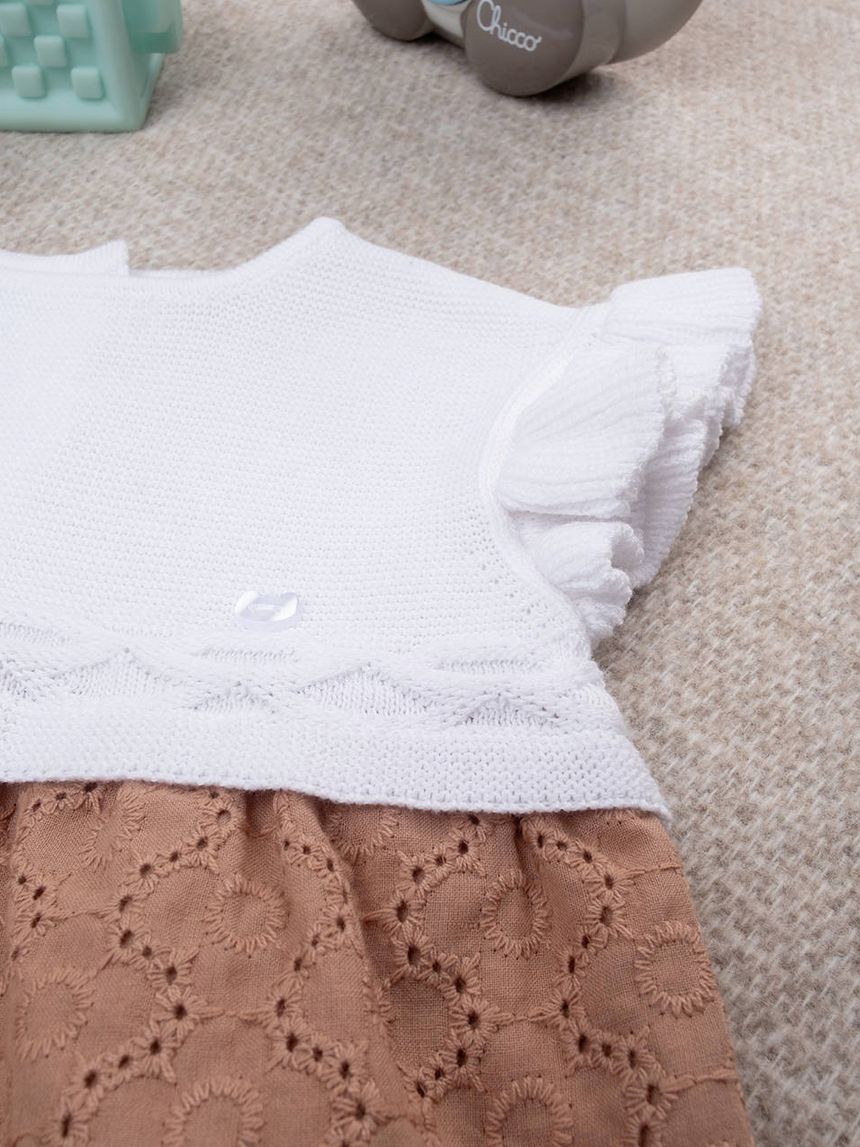 βρεφικό φορμάκι λευκό/καφέ δαντέλα sangallo για κορίτσι - Prénatal