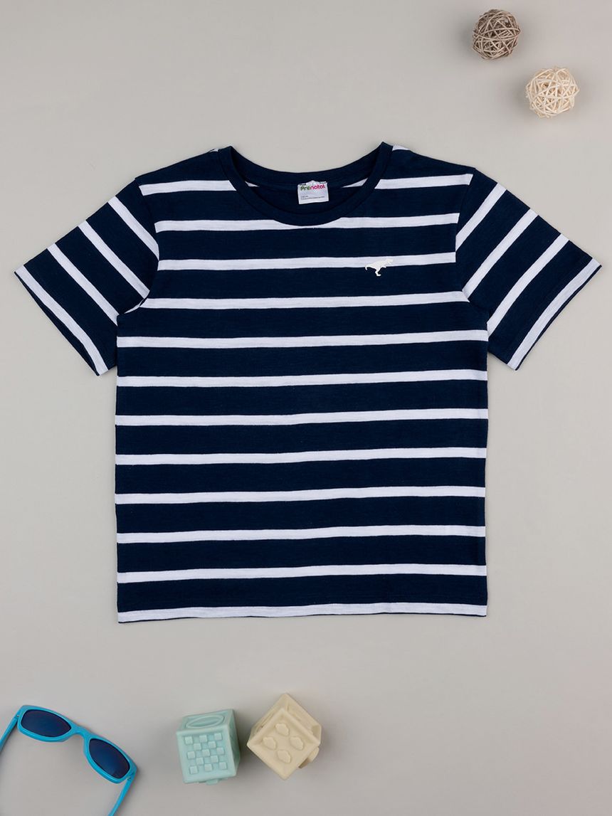 παιδικό t-shirt ριγέ μπλε/ λευκό με δεινόσαυρο για αγόρι - Prénatal
