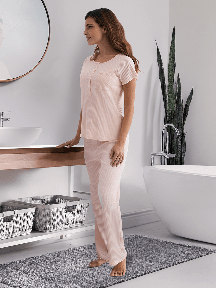 γυναικεία πιτζάμα εγκυμοσύνης/θηλασμού ροζ ριμπ - Prénatal