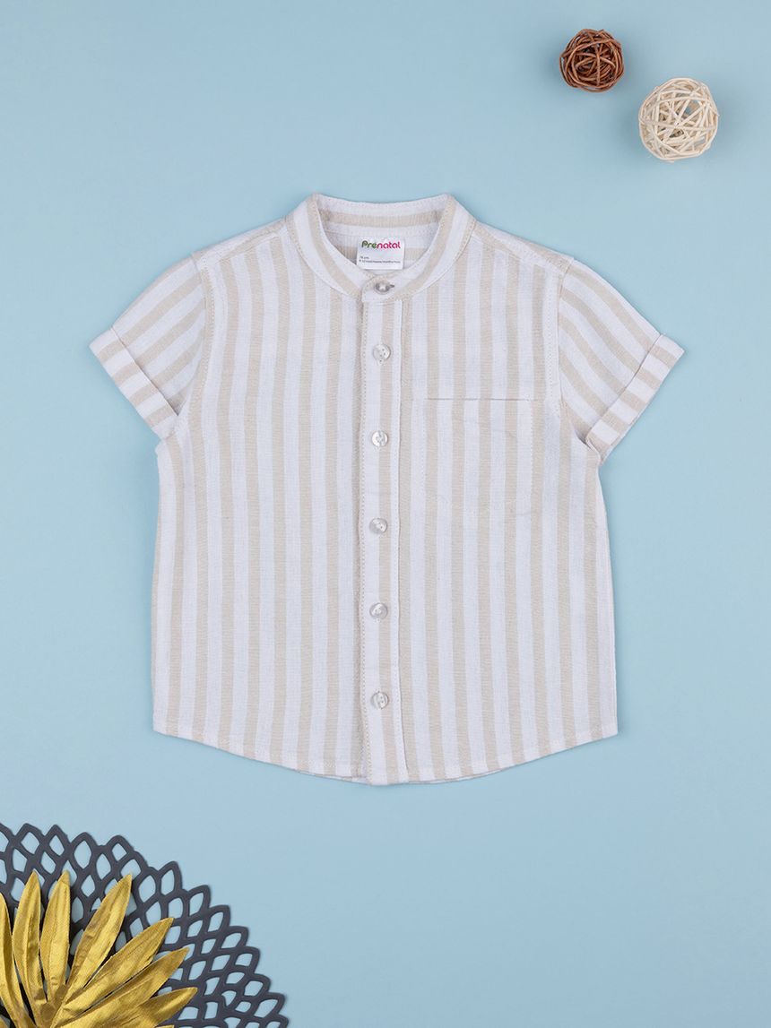 βρεφικό πουκάμισο λινό ριγέ λευκό/μπεζ για αγόρι - Prénatal