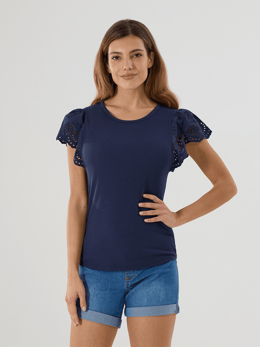 γυναικείο t-shirt εγκυμοσύνης μπλε ριμπ με δαντέλα sangallo - Prénatal