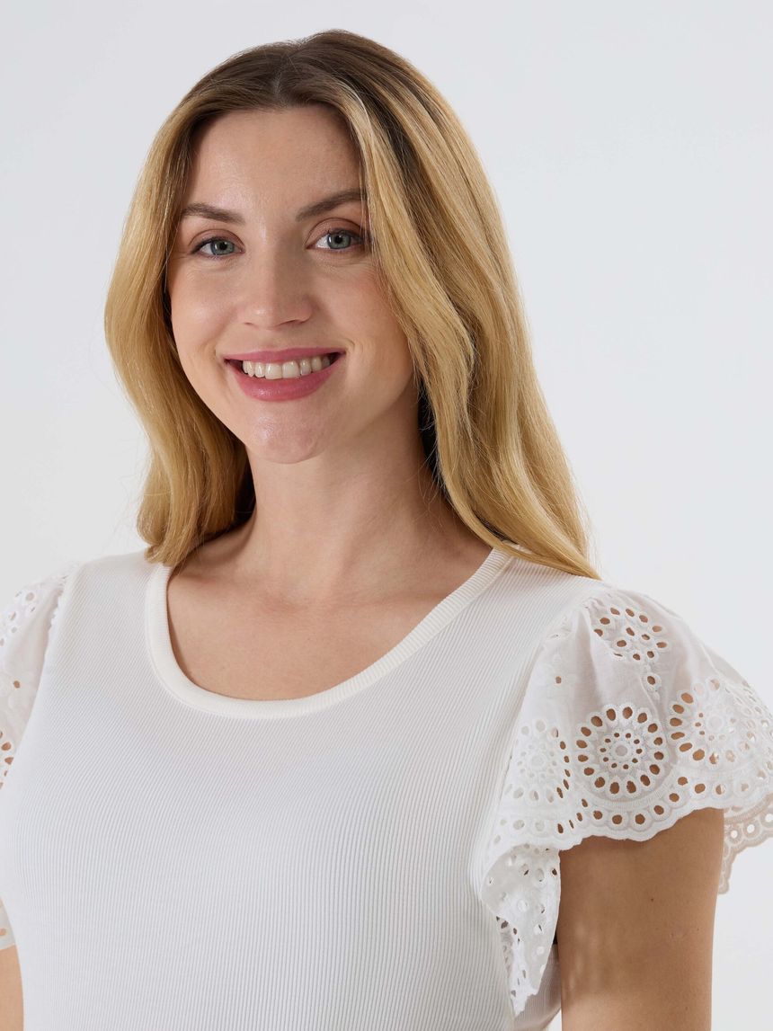 γυναικείο t-shirt εγκυμοσύνης λευκό ριμπ με δαντέλα sangallo - Prénatal