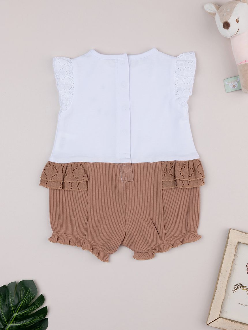 βρεφικό φορμάκι λευκό/καφέ με γατάκι για κορίτσι - Prénatal