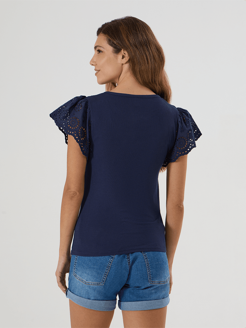 γυναικείο t-shirt εγκυμοσύνης μπλε ριμπ με δαντέλα sangallo - Prénatal