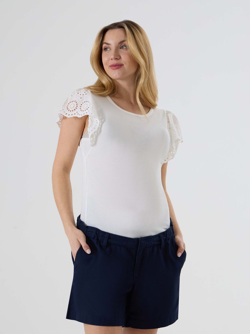 γυναικείο t-shirt εγκυμοσύνης λευκό ριμπ με δαντέλα sangallo - Prénatal
