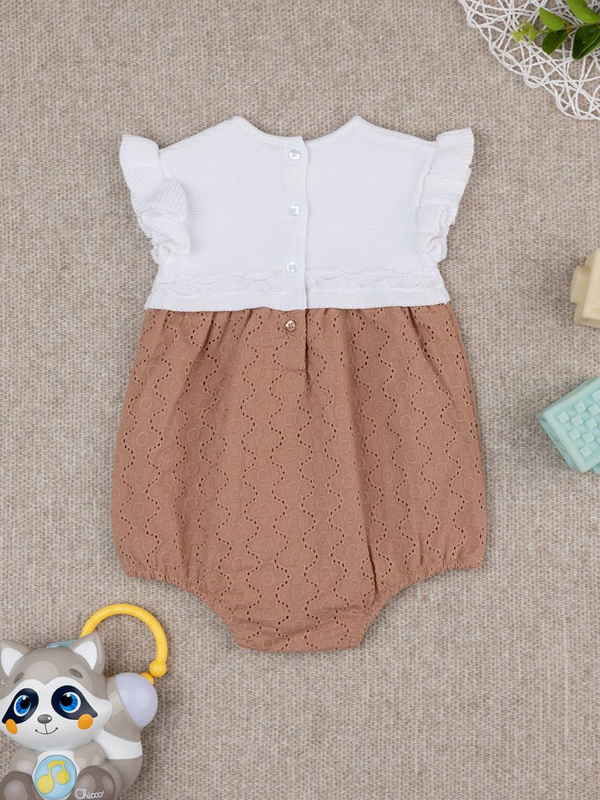 βρεφικό φορμάκι λευκό/καφέ δαντέλα sangallo για κορίτσι - Prénatal