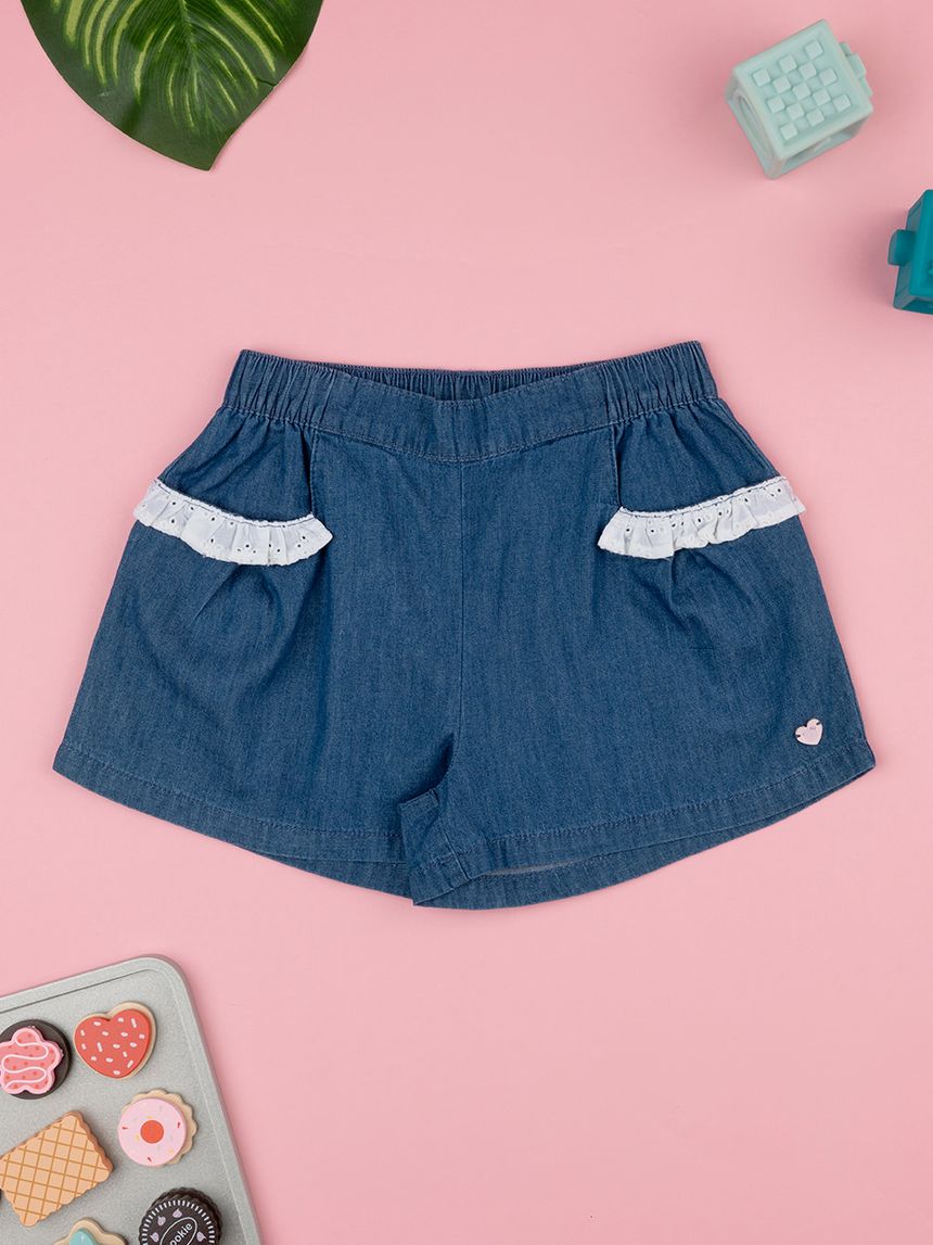 παιδικό τζιν σορτσάκι μπλε με δαντέλα για κορίτσι - Prénatal