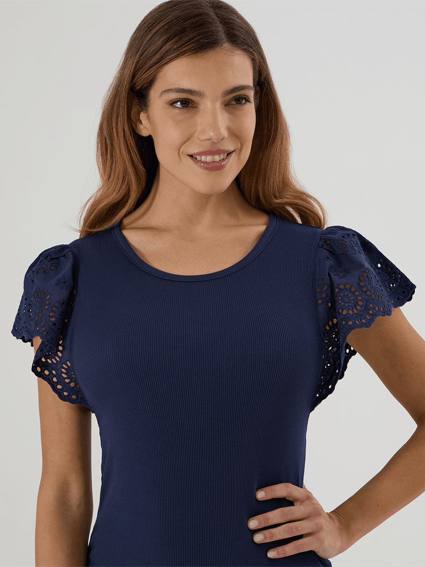 γυναικείο t-shirt εγκυμοσύνης μπλε ριμπ με δαντέλα sangallo - Prénatal