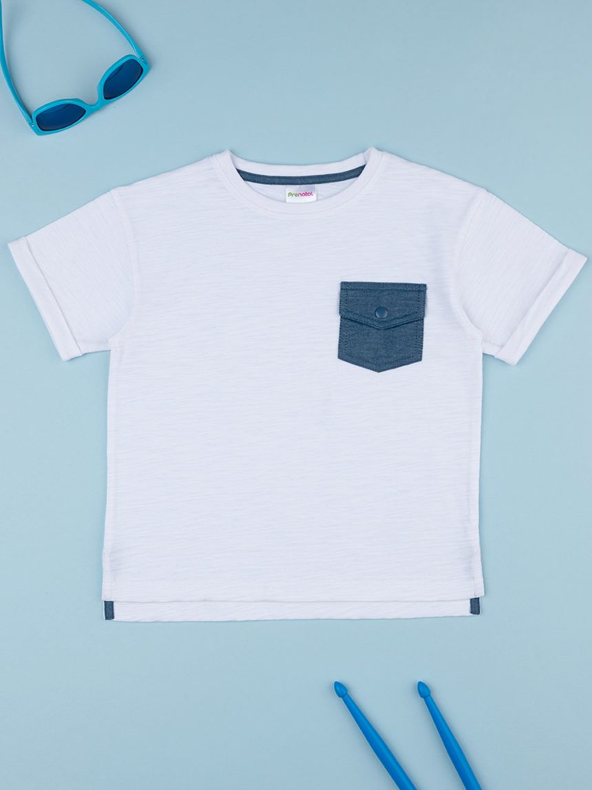παιδικό t-shirt λευκό με τσέπη denim για αγόρι - Prénatal