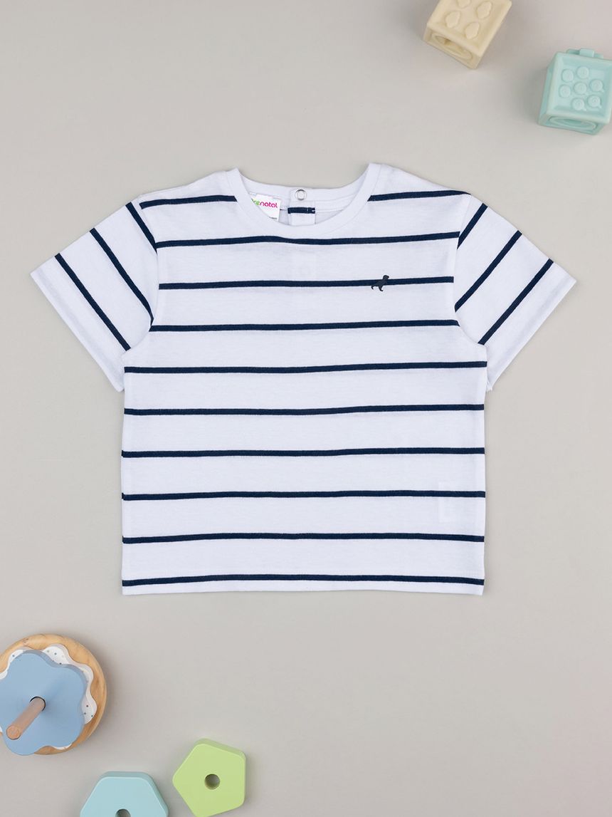 βρεφικό t-shirt λευκό ριγέ με δεινόσαυρο για αγόρι - Prénatal