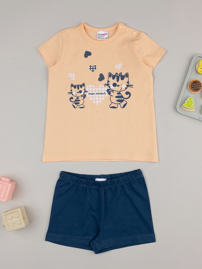 βρεφική πιτζάμα πορτοκαλί/μπλε με γατάκια για κορίτσι - Prénatal