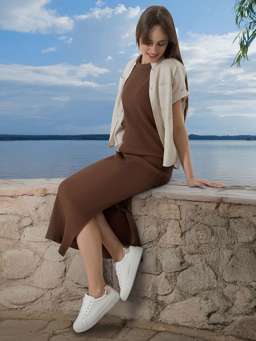 γυναικείο φόρεμα εγκυμοσύνης καφέ ριμπ - Prénatal