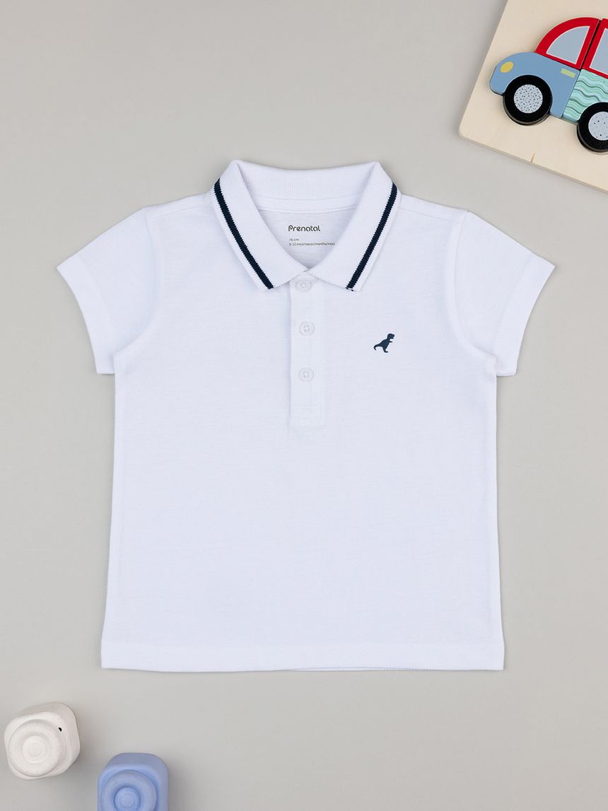 βρεφικό t-shirt πικέ πόλο λευκό με δεινόσαυρο για αγόρι - Prénatal
