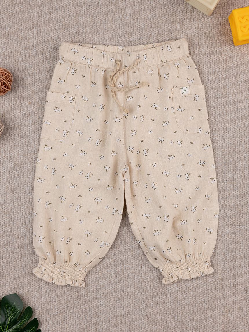 βρεφικό παντελόνι λινό μπεζ φλοράλ για κορίτσι - Prénatal
