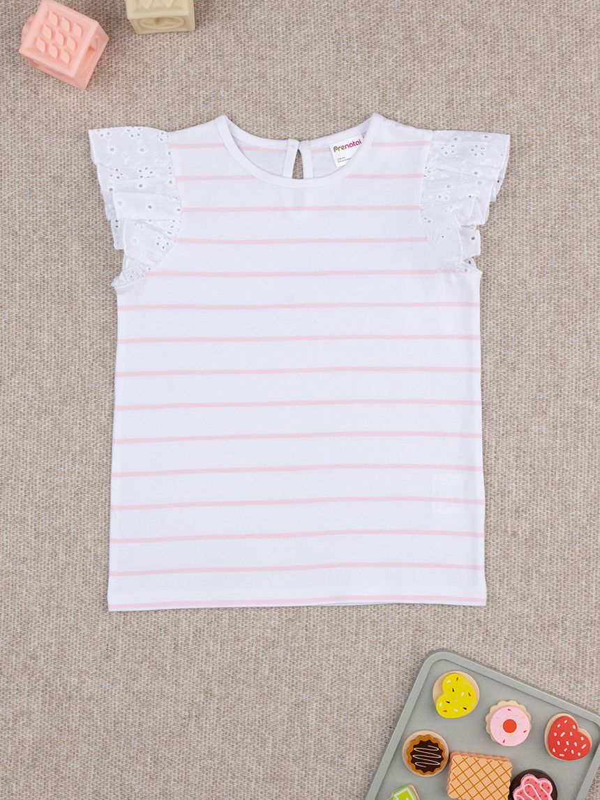 παιδικό t-shirt λευκό ριγέ ροζ sangallo για κορίτσι - Prénatal