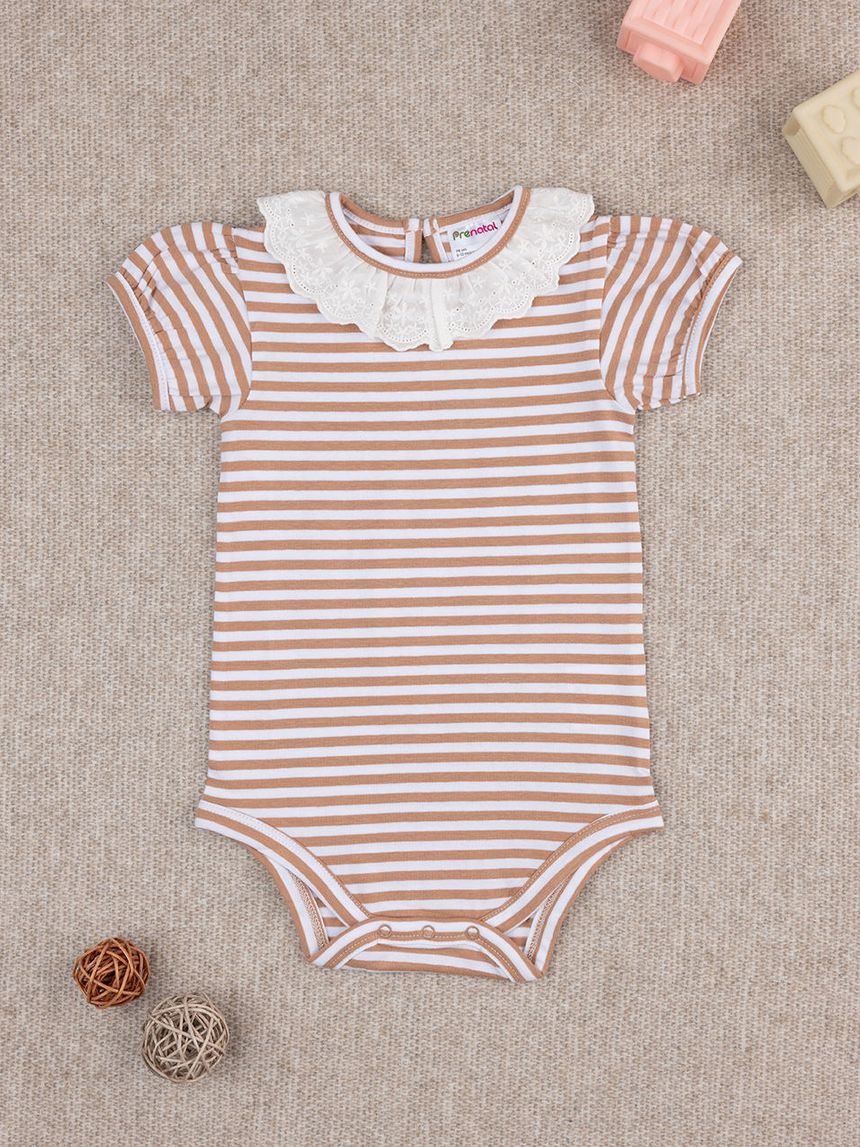 βρεφικό κορμάκι ριγέ καφέ/λευκό sangallo για κορίτσι - Prénatal