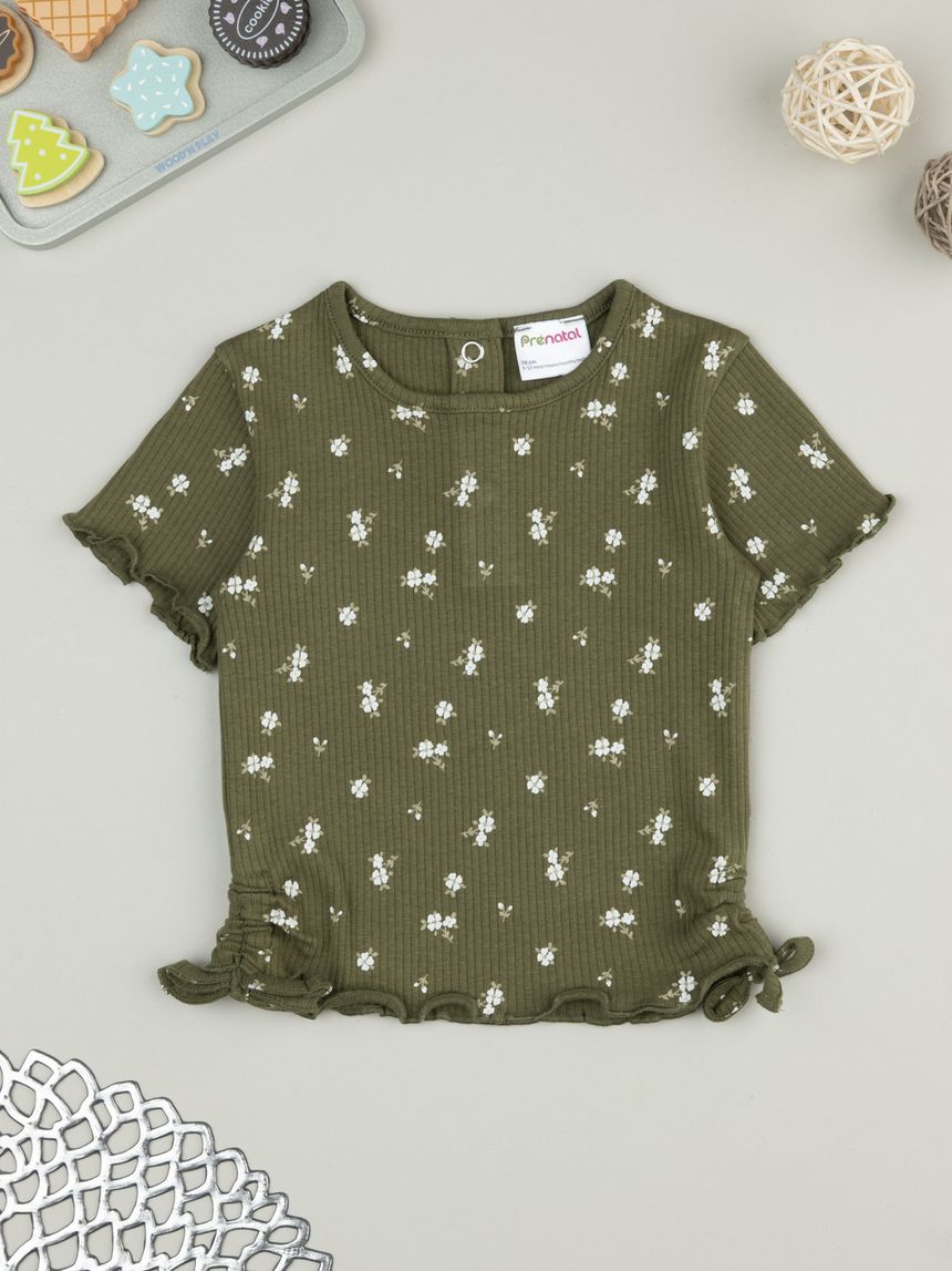 βρεφικό t-shirt χακί ριμπ φλοράλ για κορίτσι - Prénatal