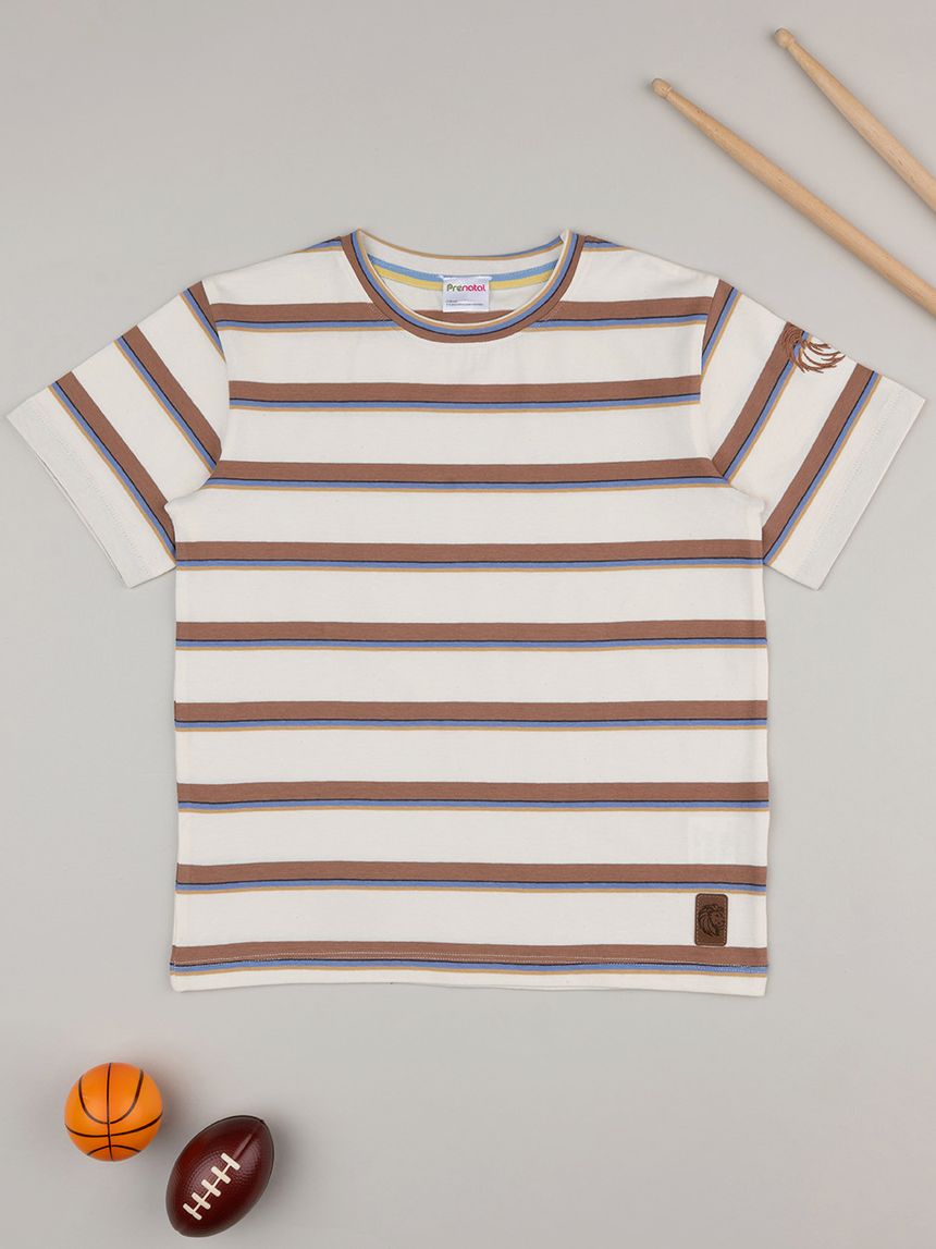 παιδικό t-shirt μπεζ ριγέ με λιοντάρι για αγόρι - Prénatal