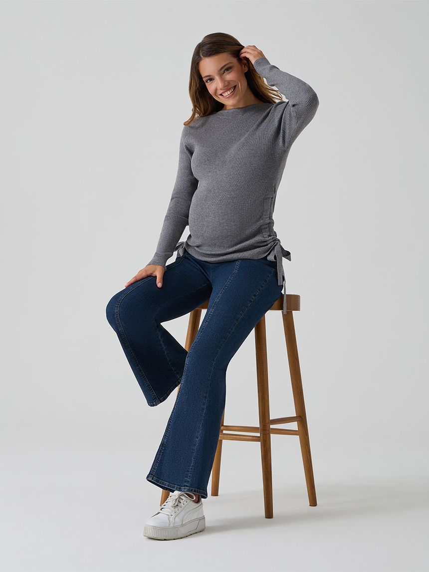 γυναικεία πλεκτή μπλούζα εγκυμοσύνης γκρι με φιογκάκι - Prénatal