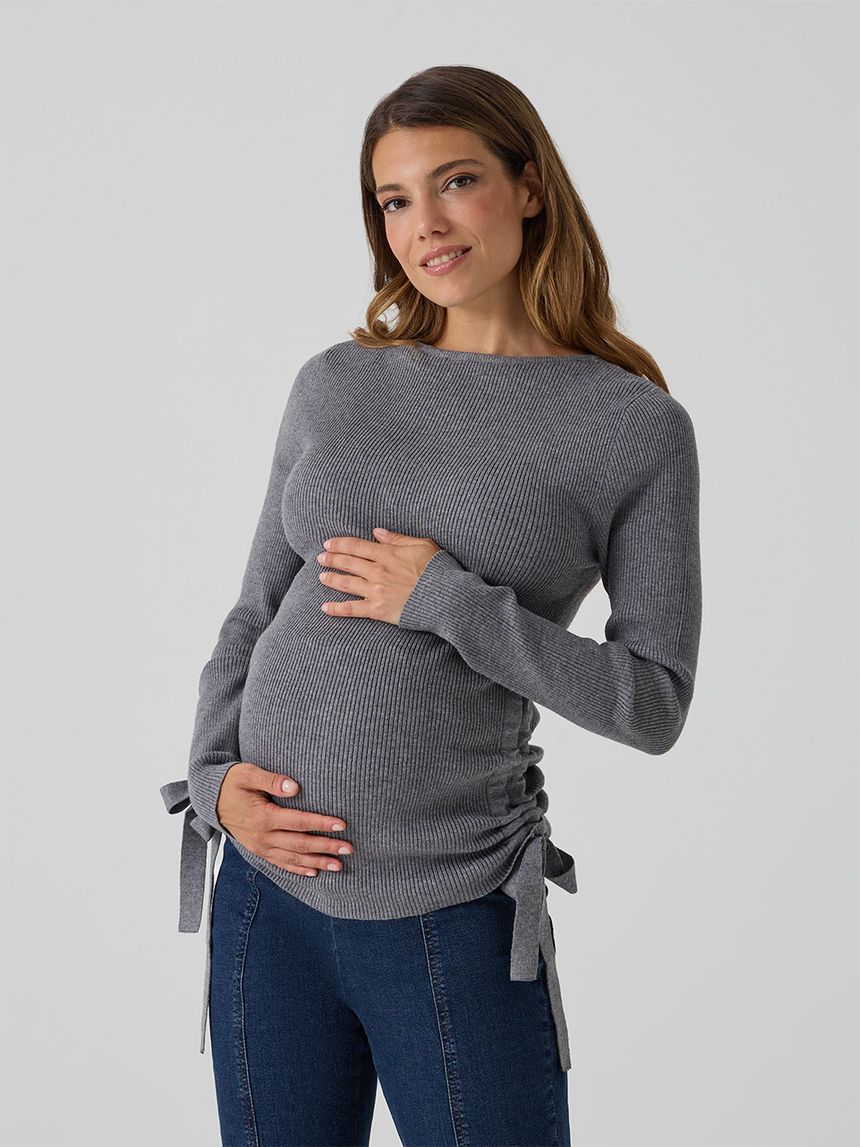 γυναικεία πλεκτή μπλούζα εγκυμοσύνης γκρι με φιογκάκι - Prénatal