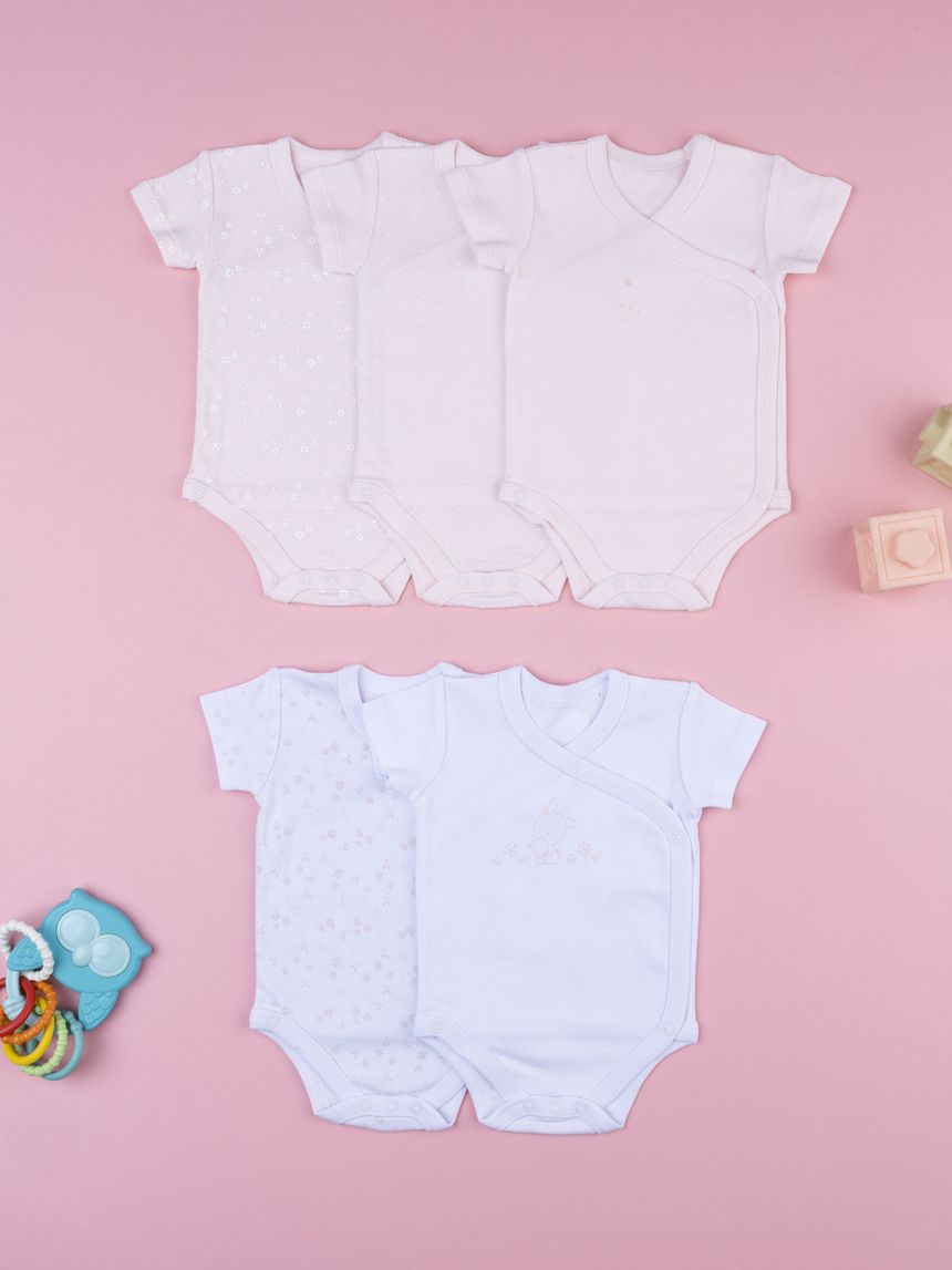 βρεφικά κορμάκια ροζ/λευκά με λαγουδάκια πακέτο x5 για κορίτσι - Prénatal