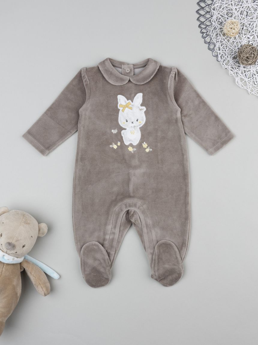 βρεφικό φορμάκι σενίλ καφέ με λαγουδάκι για κορίτσι - Prénatal