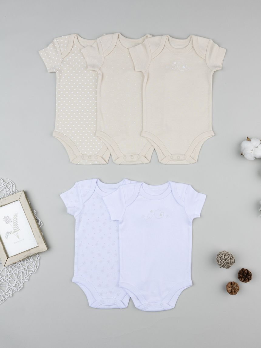 βρεφικά κορμάκια μπεζ/λευκά με πουλάκια πακέτο x5 για κορίτσι - Prénatal