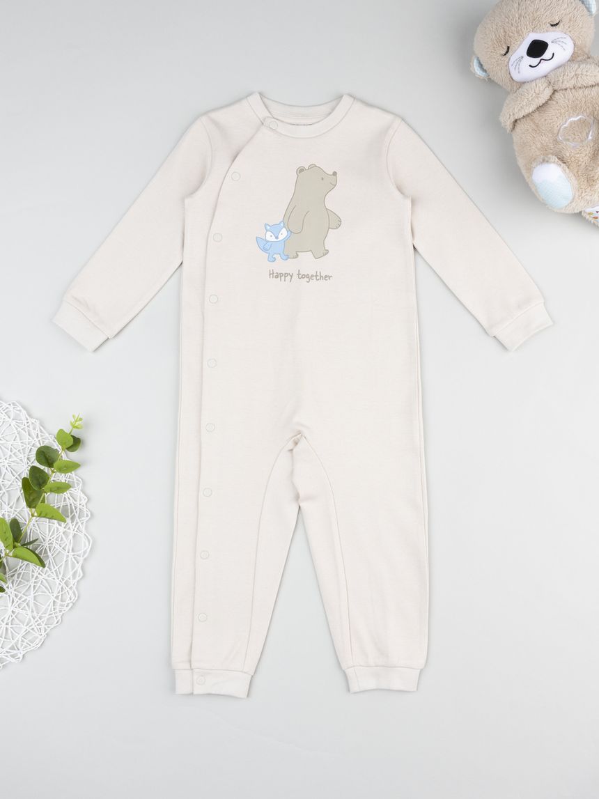 βρεφική ολόσωμη πιτζάμα μπεζ happy together για αγόρι - Prénatal