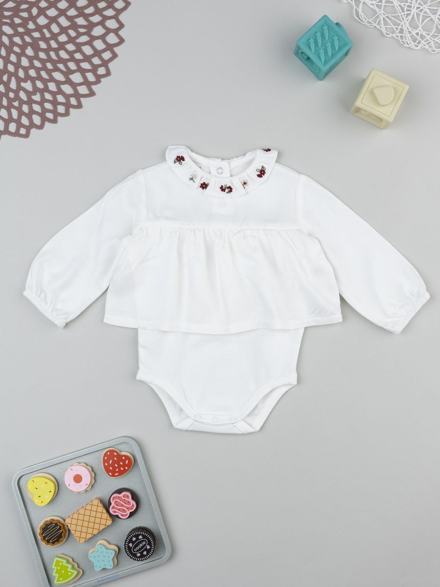 βρεφικό κορμάκι λευκό με βολάν wood girl για κορίτσι - Prénatal