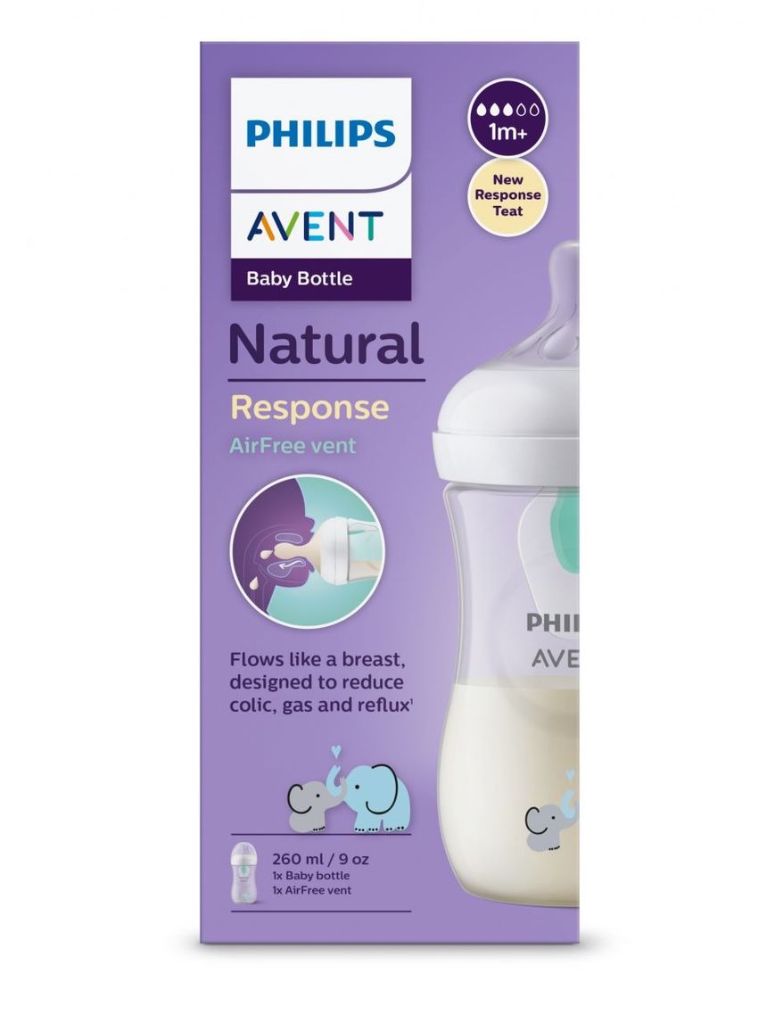 Philips avent πλαστικό μπιμπερό natural response με airfree valve 260ml 1m+ elephant scy673/81 - Philips Avent