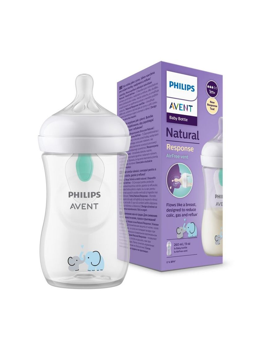 Philips avent πλαστικό μπιμπερό natural response με airfree valve 260ml 1m+ elephant scy673/81 - Philips Avent