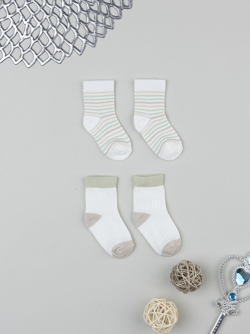 βρεφικά καλτσάκια πακέτο x2 φιστικί/λευκό/μπεζ για αγόρι - Prénatal
