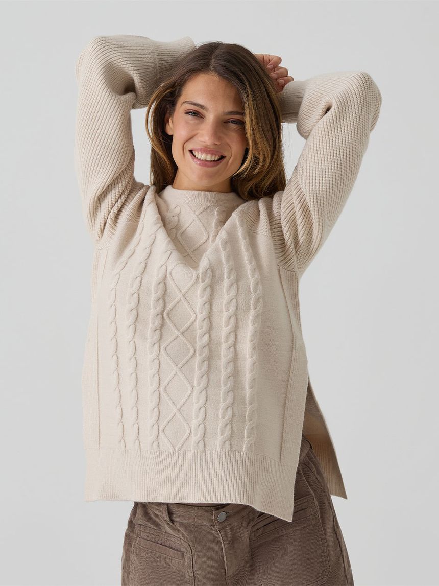 γυναικείο πουλόβερ εγκυμοσύνης μπεζ με πλεξούδες - Prénatal