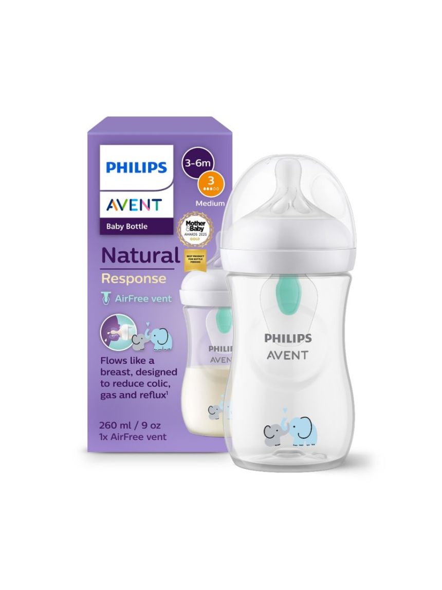 Philips avent πλαστικό μπιμπερό natural response με airfree valve 260ml μέτριας ροής 3-6m+ elephant scy673/81 - Philips Avent