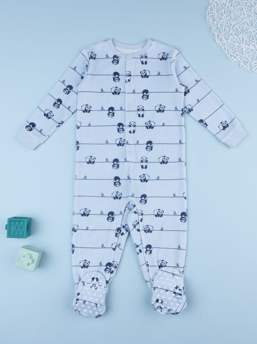 βρεφική πιτζάμα ολόσωμη σενίλ γαλάζια με πάντα για αγόρι - Prénatal