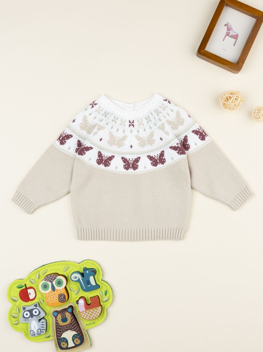 βρεφικό πουλόβερ μπεζ ζακάρ με πεταλούδες για κορίτσι - Prénatal