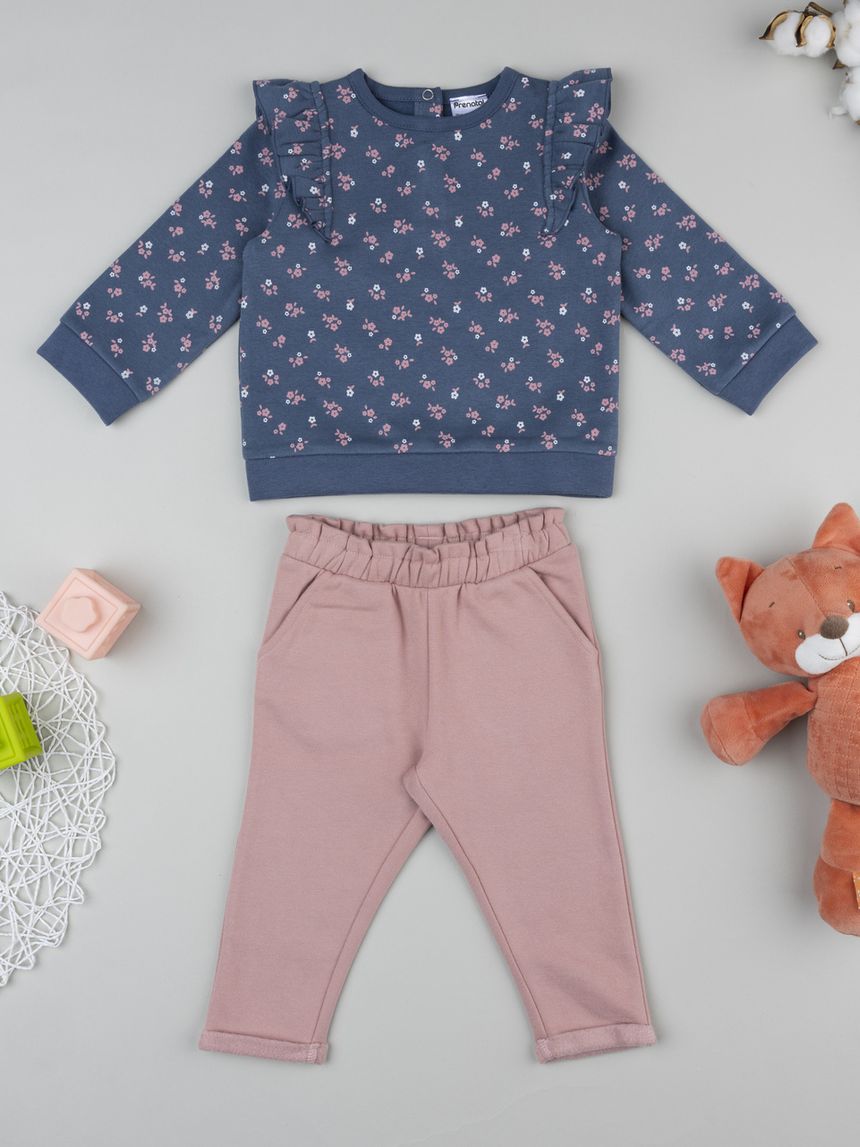 βρεφικό σετ μπλούζα φούτερ και φόρμα με λουλούδια για κορίτσι - Prénatal