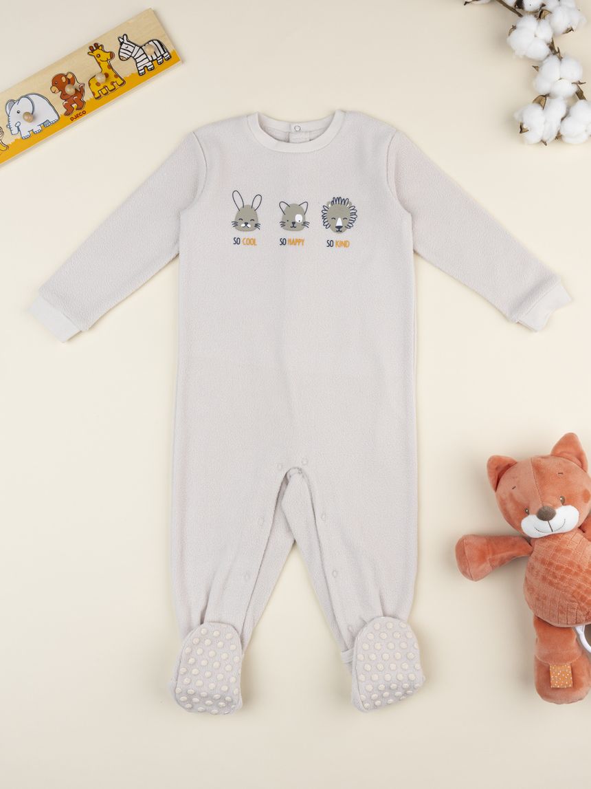βρεφική πιτζάμα ολόσωμη fleece μπεζ με ζωάκια για αγόρι - Prénatal