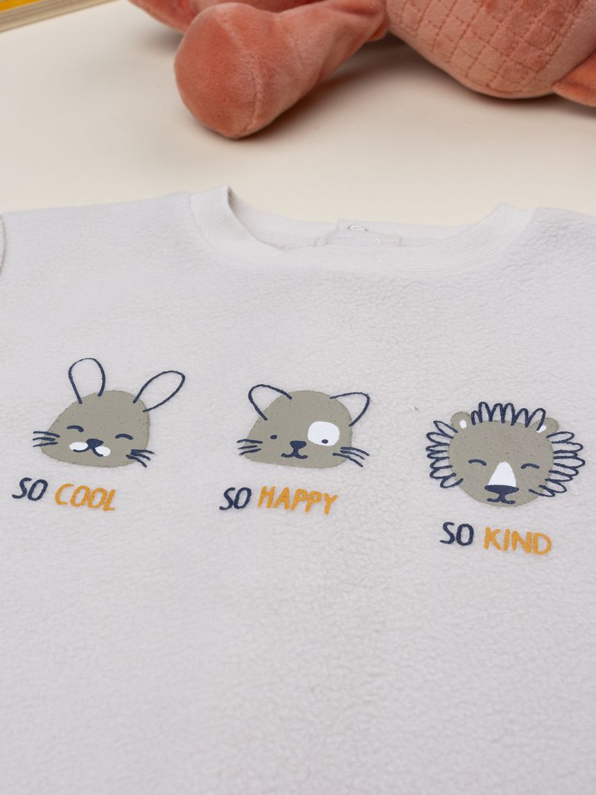 βρεφική πιτζάμα ολόσωμη fleece μπεζ με ζωάκια για αγόρι - Prénatal