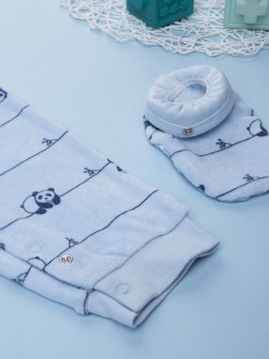 βρεφική πιτζάμα ολόσωμη σενίλ γαλάζια με πάντα για αγόρι - Prénatal