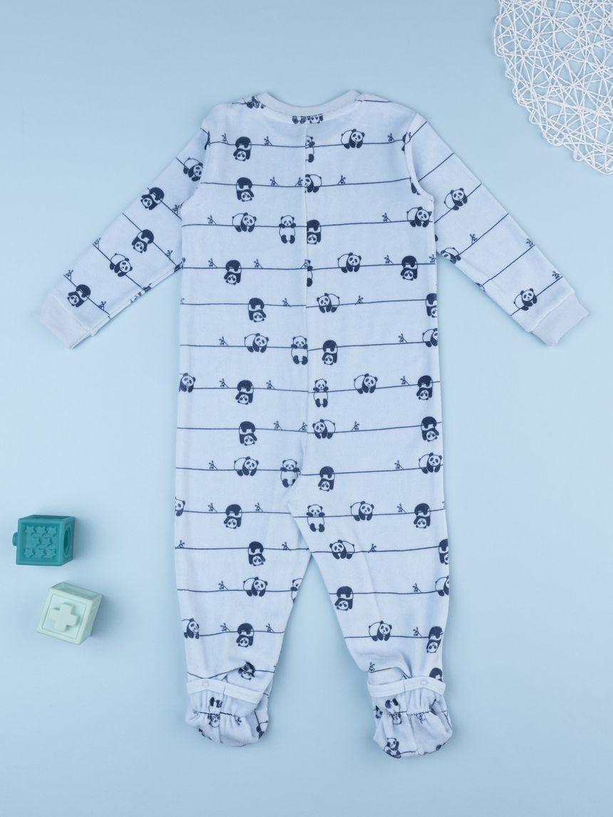 βρεφική πιτζάμα ολόσωμη σενίλ γαλάζια με πάντα για αγόρι - Prénatal