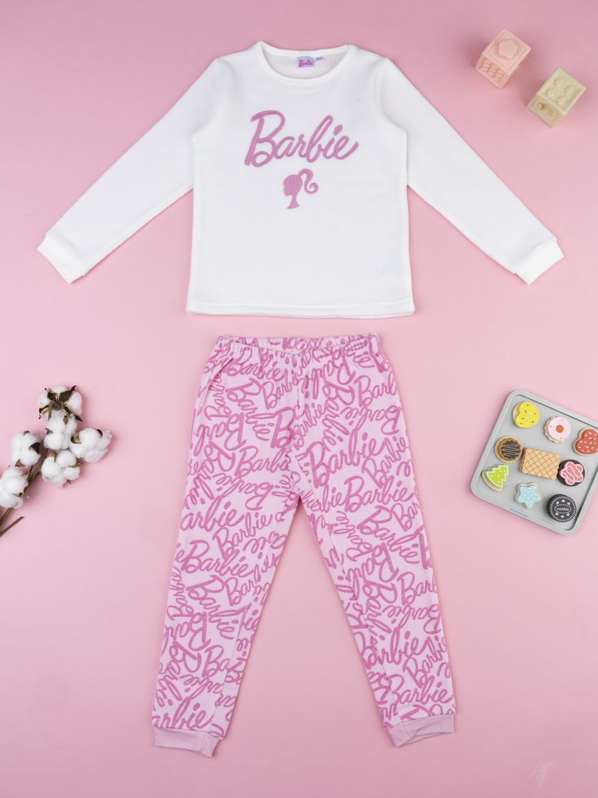 παιδική πιτζάμα fleece λευκή/ροζ barbie για κορίτσι - Prénatal