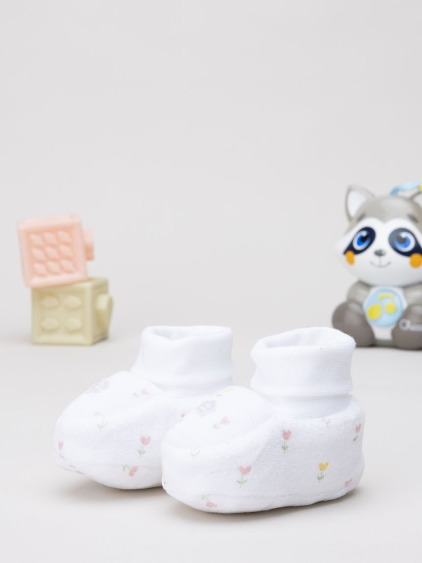 βρεφικά παπούτσια αγκαλιάς σενίλ λευκά φλοράλ για κορίτσι - Prénatal