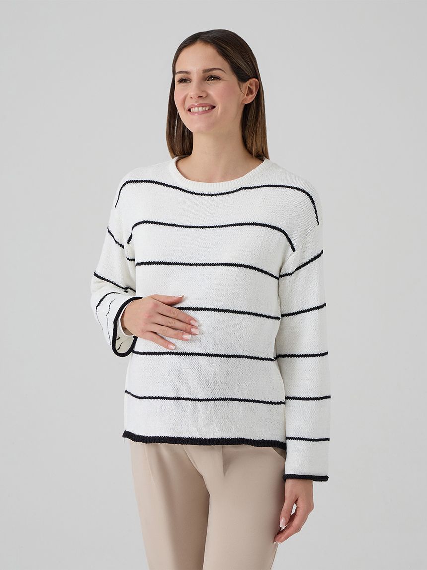 γυναικεία πλεκτή μπλούζα εγκυμοσύνης/θηλασμού λευκή ριγέ - Prénatal