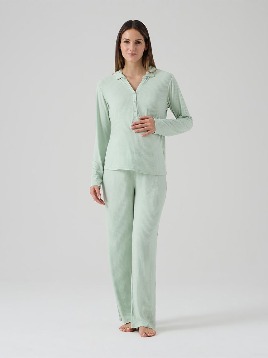 γυναικεία πιτζάμα εγκυμοσύνης/θηλασμού πράσινη ριμπ - Prénatal