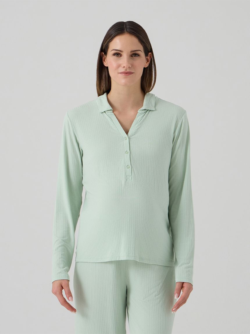 γυναικεία πιτζάμα εγκυμοσύνης/θηλασμού πράσινη ριμπ - Prénatal