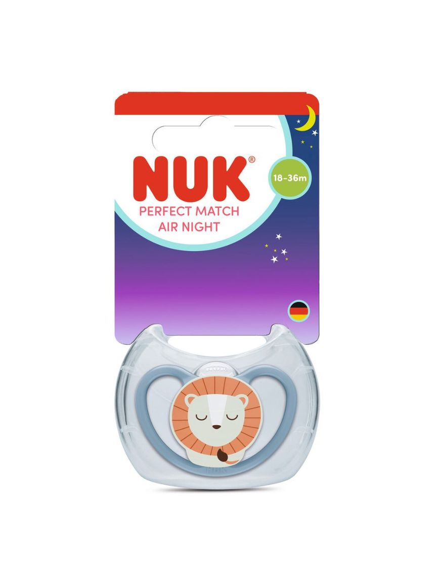 Nuk πιπίλα σιλικόνης perfect match air night με θήκη 18-36m blue lion - Nuk