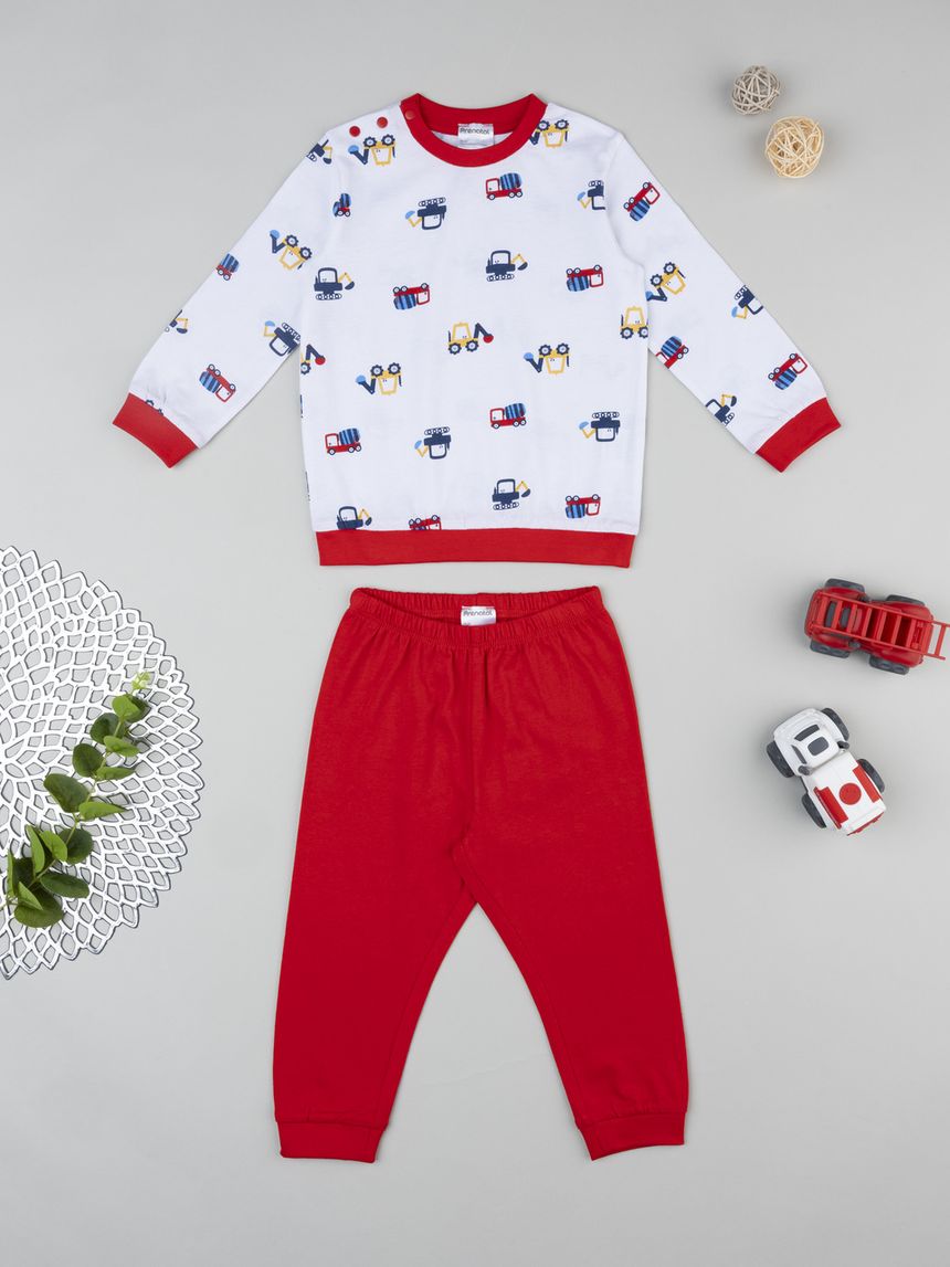 βρεφική πιτζάμα λευκή/κόκκινη με οχήματα για αγόρι - Prénatal
